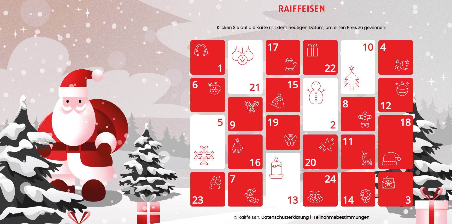 Digitale Adventskalender-Grafik mit Santa und roten Kästchen, die Preise verbergen.