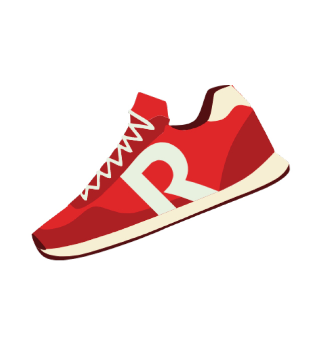 Roter Turnschuh mit weisser Sohle und grossem «R» an der Seite auf hellem Hintergrund. Geben Sie Ihr Feedback zu BizChat ab.