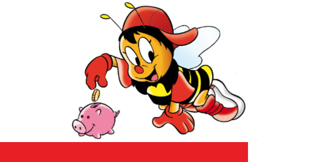 Cartoon-Biene mit roter Mütze, die eine Münze in ein Sparschwein steckt.