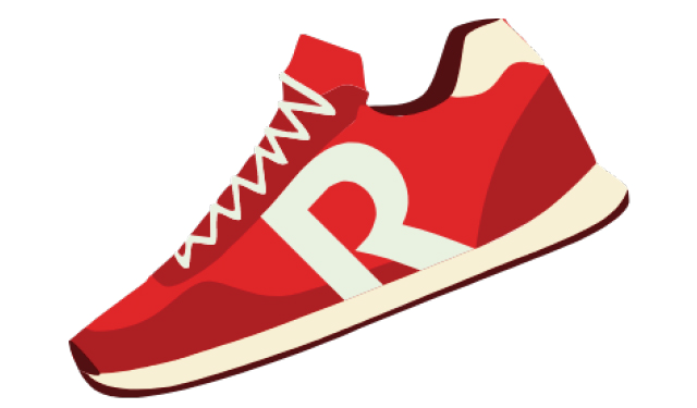 Roter Turnschuh mit weisser Sohle und grossem «R» an der Seite auf hellem Hintergrund. Geben Sie Ihr Feedback zu BizChat ab.