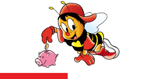Cartoon-Biene mit roter Mütze, die eine Münze in ein Sparschwein steckt.